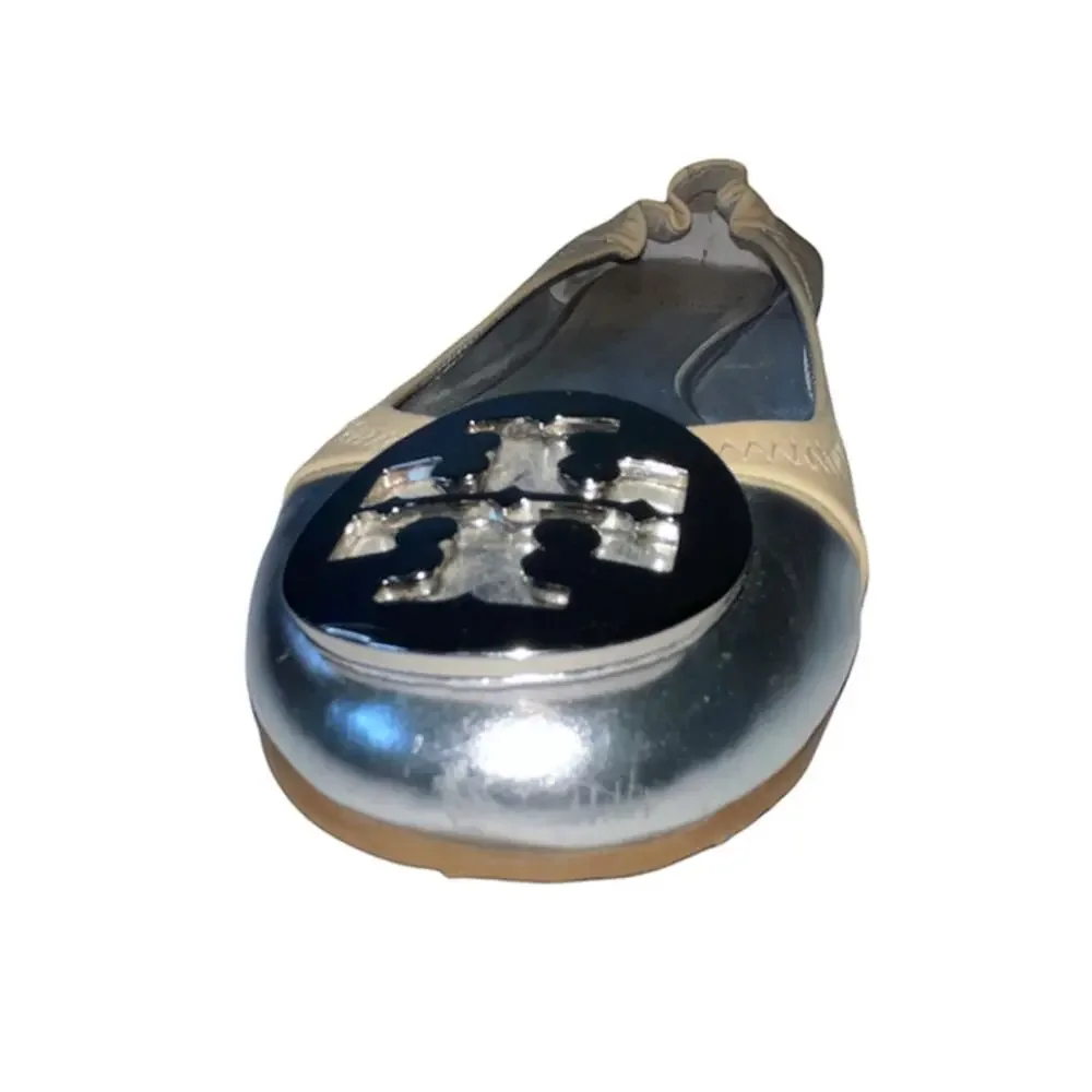 Tory Burch Beige and Silver Serena Mirror Leather Ballet Flats Size 6